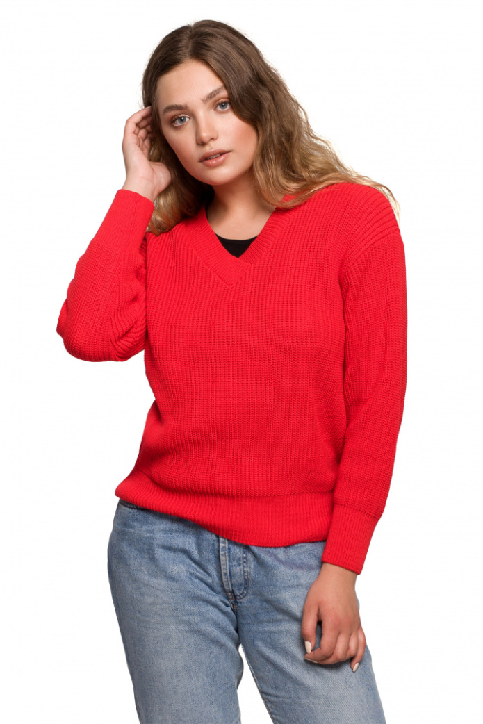 Sweter Damski - Oversize Klasyczny Do Bioder Dekolt V - czerwony